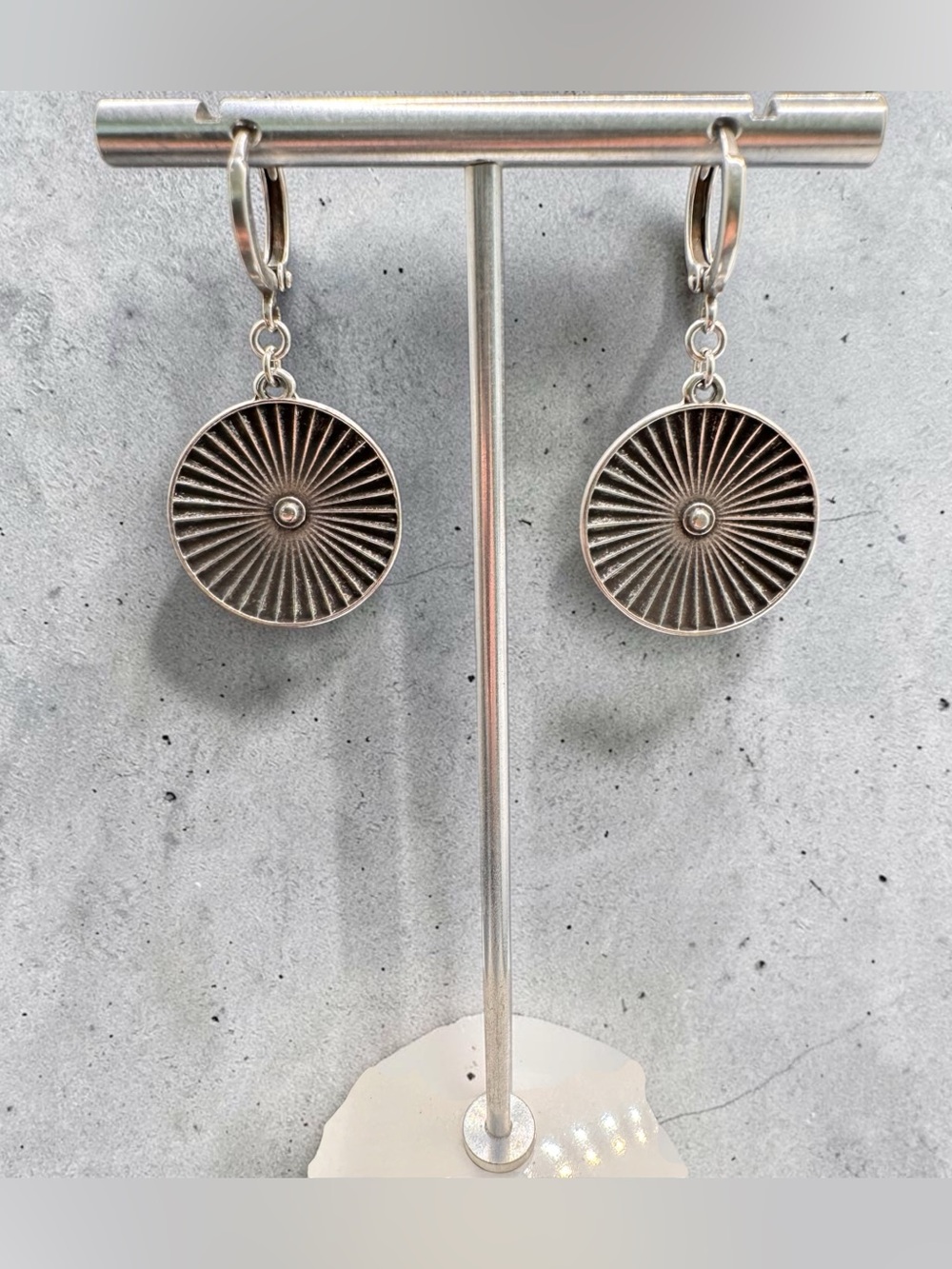 Silver Starburst Disc Drop Earrings - SKU J